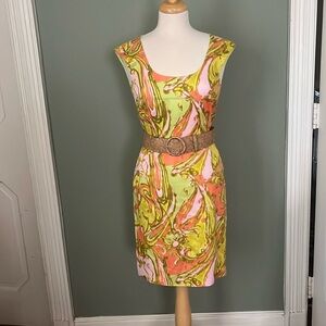 Antonio Melani Colorful Lime Green & Orange Paisley Sheath Dress Size: 2